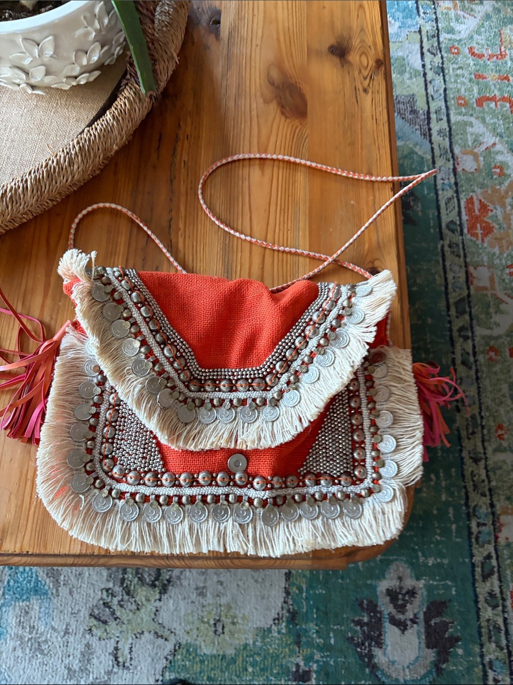 Shashi Boho Fringe Embellished Crossbody Bag - Coral